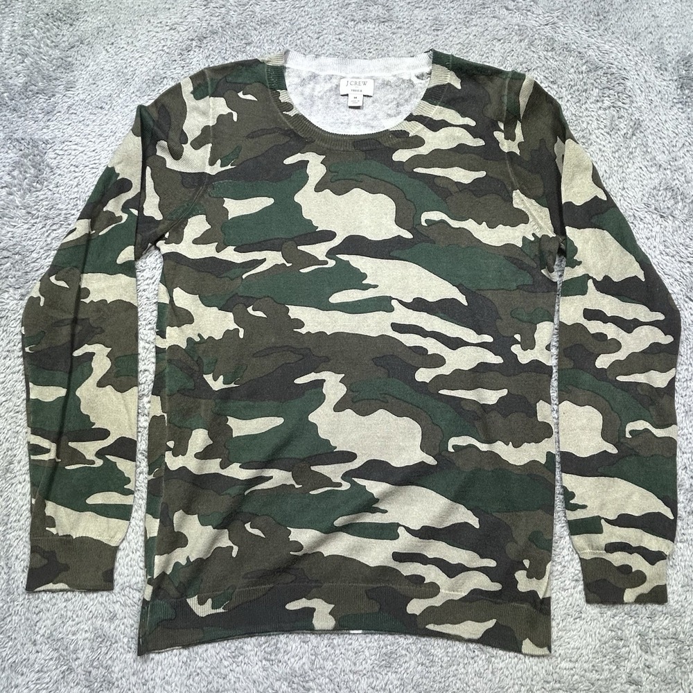 J.CREW Teddie Sweater Women's M Green Beige Camouflage Casual 100% Cotton Camo